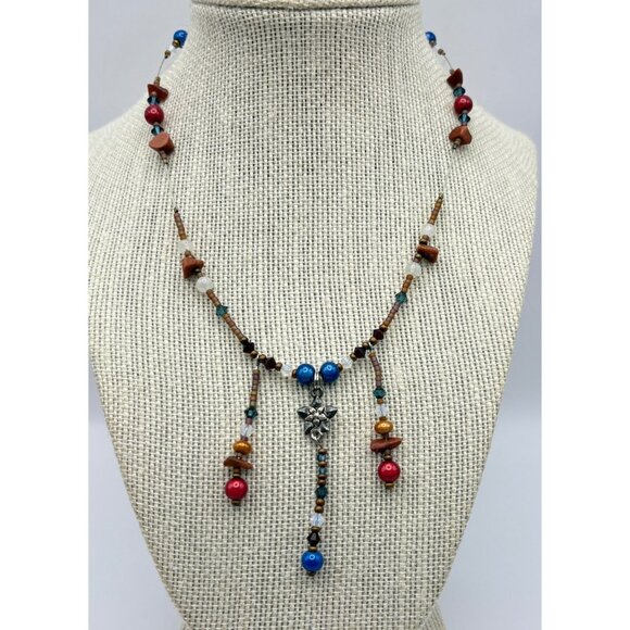 Handcrafted Multicolor Beaded Necklace with Silver Tone Flower Accent Boho - Picture 6 of 6